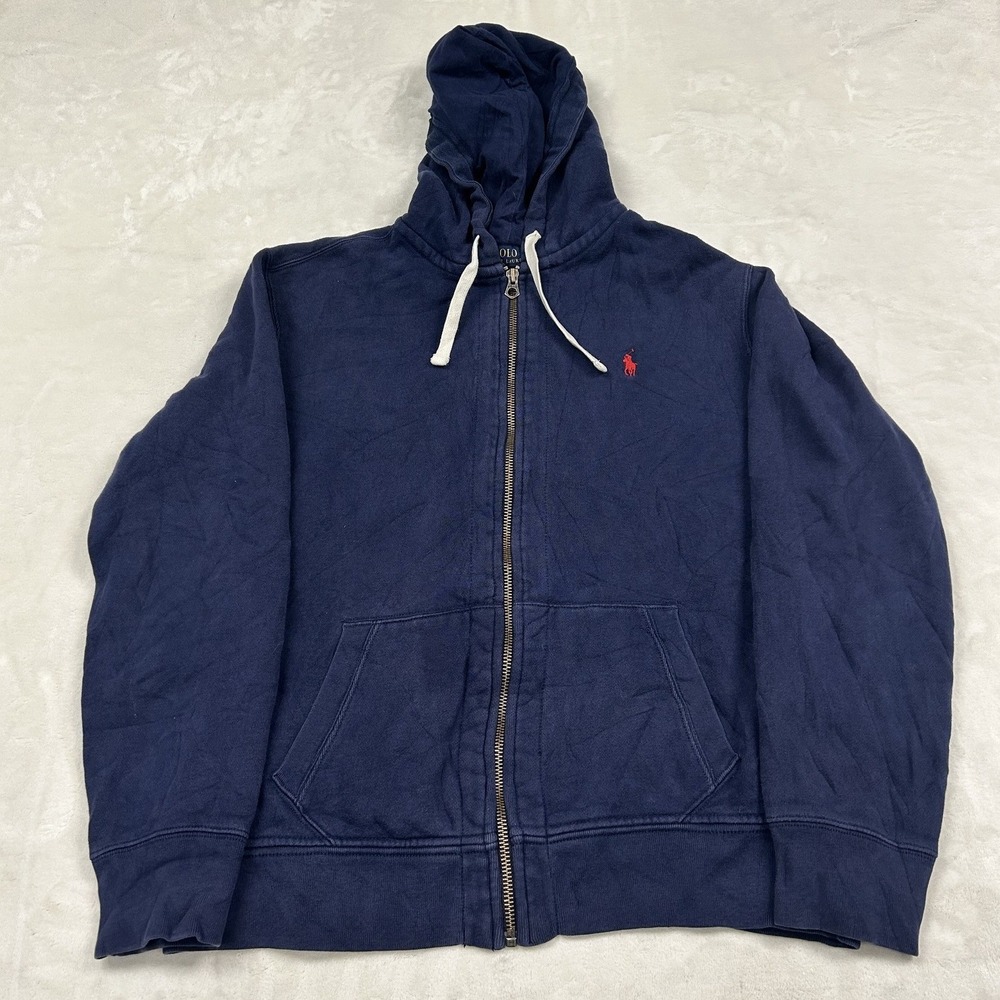 Polo Ralph Lauren Zip Up Hoodie Mens XL Navy Blue Red Pony Fleece Sweatshirt